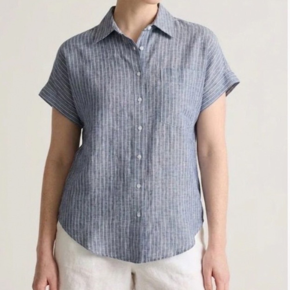 Quince 100% European Linen Camp Short Sleeve Womens XS Chambray Stripe Top